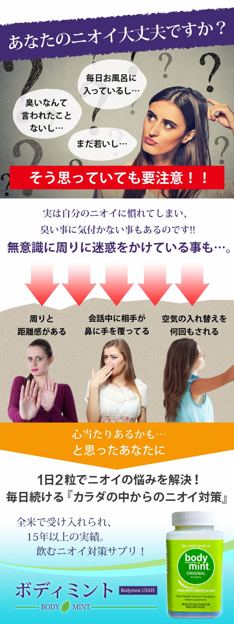 ニオイが心配…そんなあなたに全米で15年以上の実績がある飲むデオドラントサプリ「ボディミント」